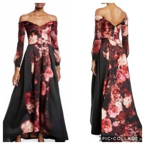 David Meister Long Sleeve off shoulder floral Gown